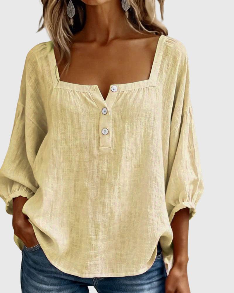 Arianne | Women's Square Neck Blouse 3/4 Puff Sleeve Button Top