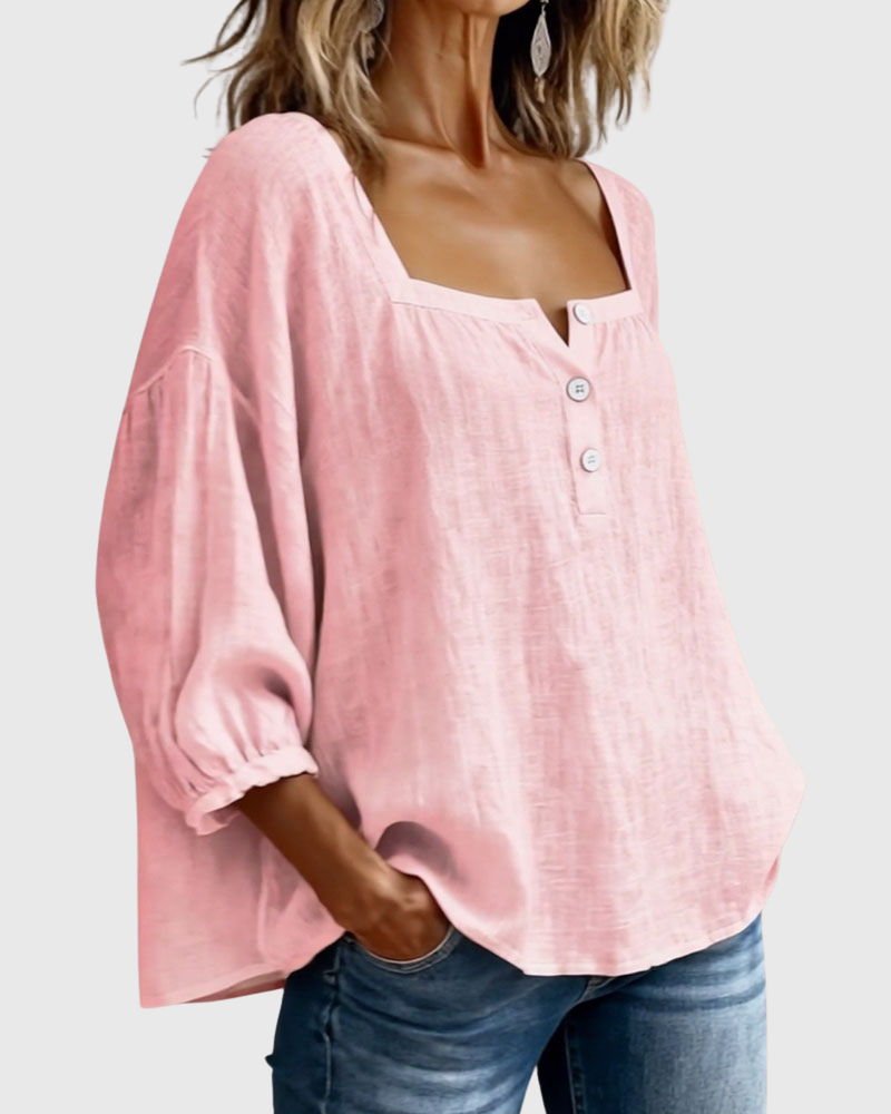Arianne | Women's Square Neck Blouse 3/4 Puff Sleeve Button Top