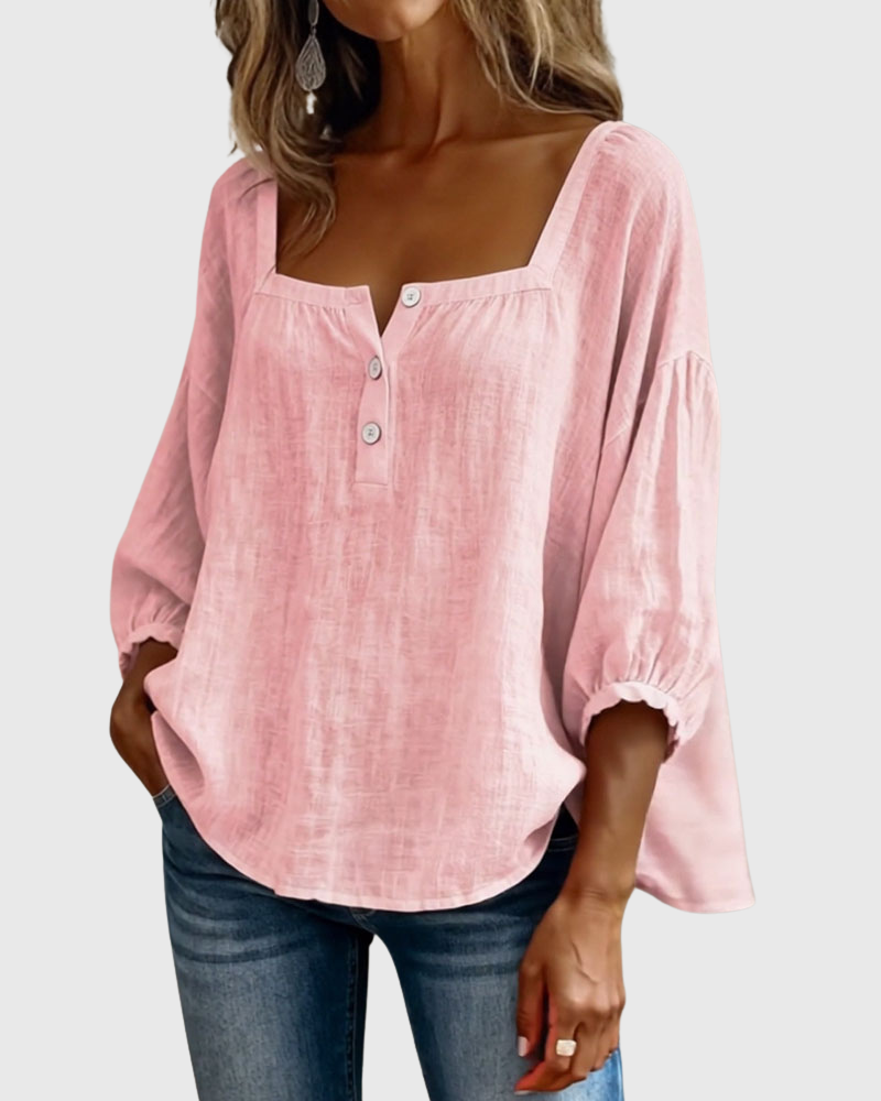 Arianne | Women's Square Neck Blouse 3/4 Puff Sleeve Button Top