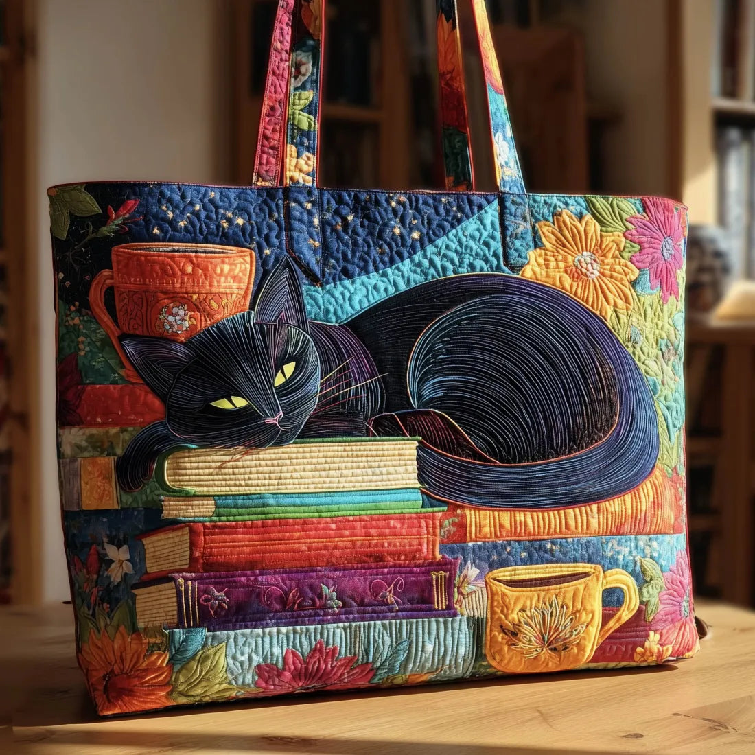 Artisan Tote Bag - Black Cat with Books and Mugs