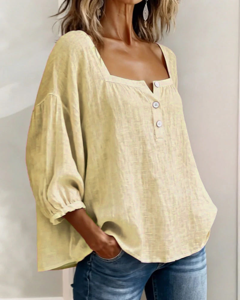 Arianne | Women's Square Neck Blouse 3/4 Puff Sleeve Button Top